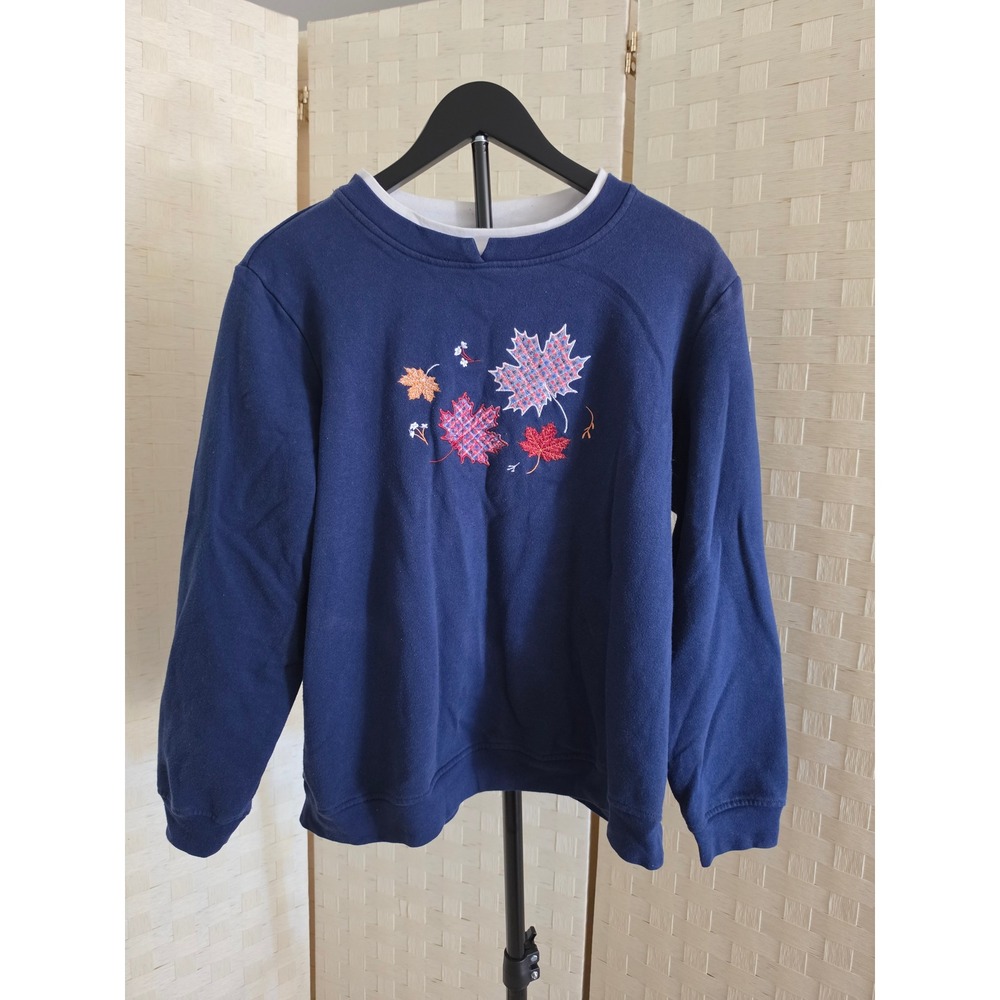 Adrian Delafield Navy Blue Embroidered Autumn Leaf Sweatshirt XL Layered Neck